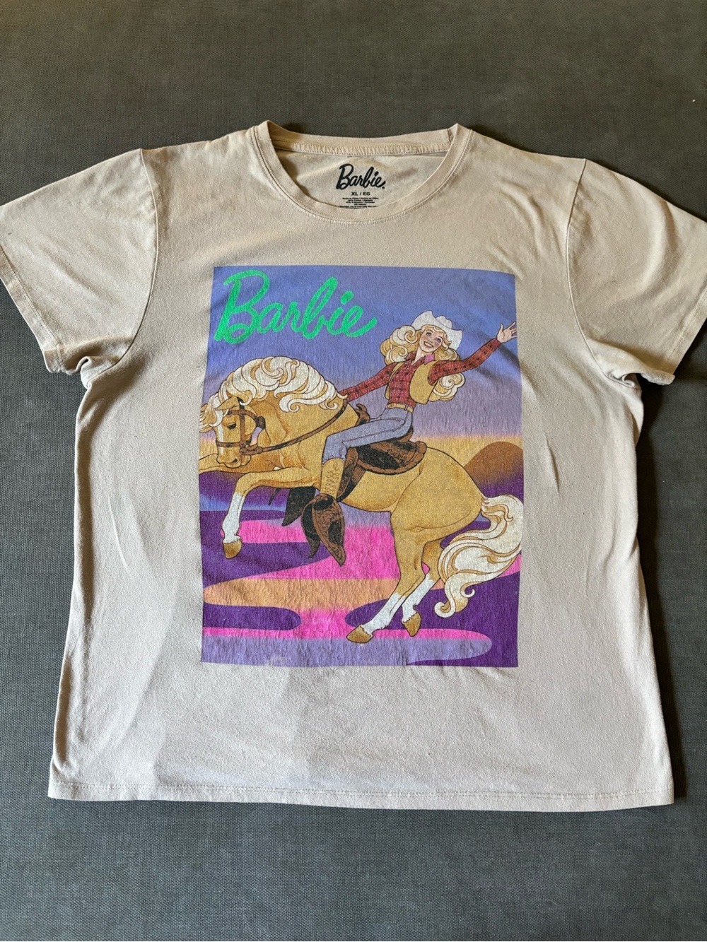 Barbie Beige Tee with Purple and Green Horse Graphic